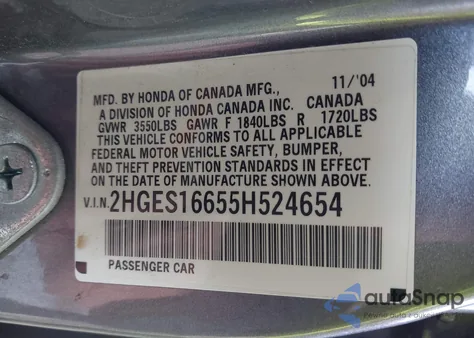 2005 Honda Civic Lx z USA, uszkodzony, nr VIN 2HGES16655H524654